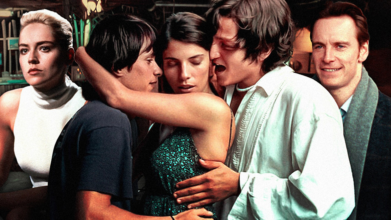 A collage of Catherine Tramell (Sharon Stone) in Basic Instinct; Julio Zapata (Gael García Bernal), Luisa Cortés (Maribel Verdú), and Tenoch Iturbide (Diego Luna) in Y tu mamá también; and Brandon Sullivan (Michael Fassbender) in Shame (2011)