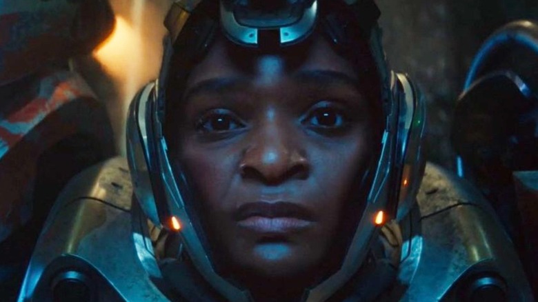 Riri Williams looking distressed in her Ironheart suit