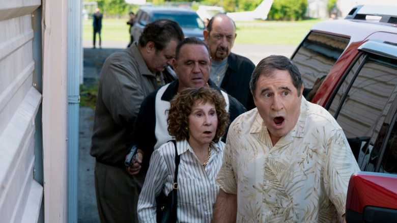 Beatrix Hasp, her husband, and her gang members look shocked on Poker Face season 2