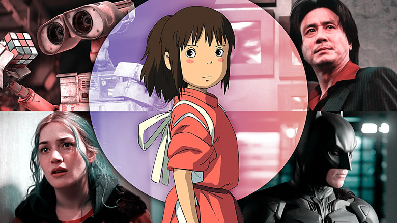 A collage of WALL-E in WALL-E, Clementine (Kate Winslet) in Eternal Sunshine of the Spotless Mind, Batman (Christian Bale) in The Dark Knight, and Oh Dae-su (Choi Min-sik) in Oldboy (2003) surrounding Chihiro in Spirited Away