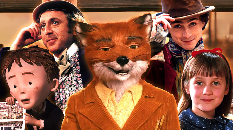 A collage of Mr. Fox (George Clooney) in Fantastic Mr. Fox surrounded by James Trotter (Paul Terry) in James and the Giant Peach, Willy Wonka (Gene Wilder) in Willy Wonka and the Chocolate Factory, Willy Wonka (Timothée Chalamet) in Wonka, and Matilda Wormwood (Mara Wilson) in Matilda