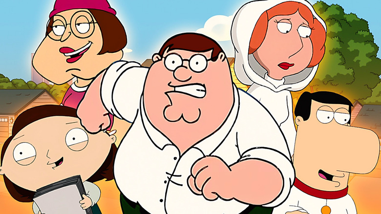 Peter Griffin surrounded by Stewie, Meg, Lois, and Brian