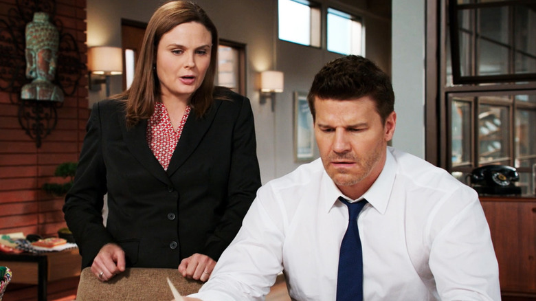 Emily Deschanel's Temperance Brennan stands behind David Boreanaz's Seeley Booth in their home in Bones