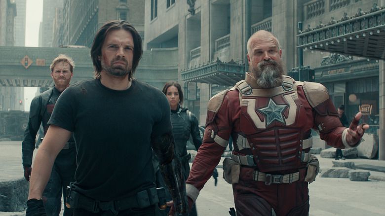 Bucky and Red Guardian argue in the streets of New York in Andor